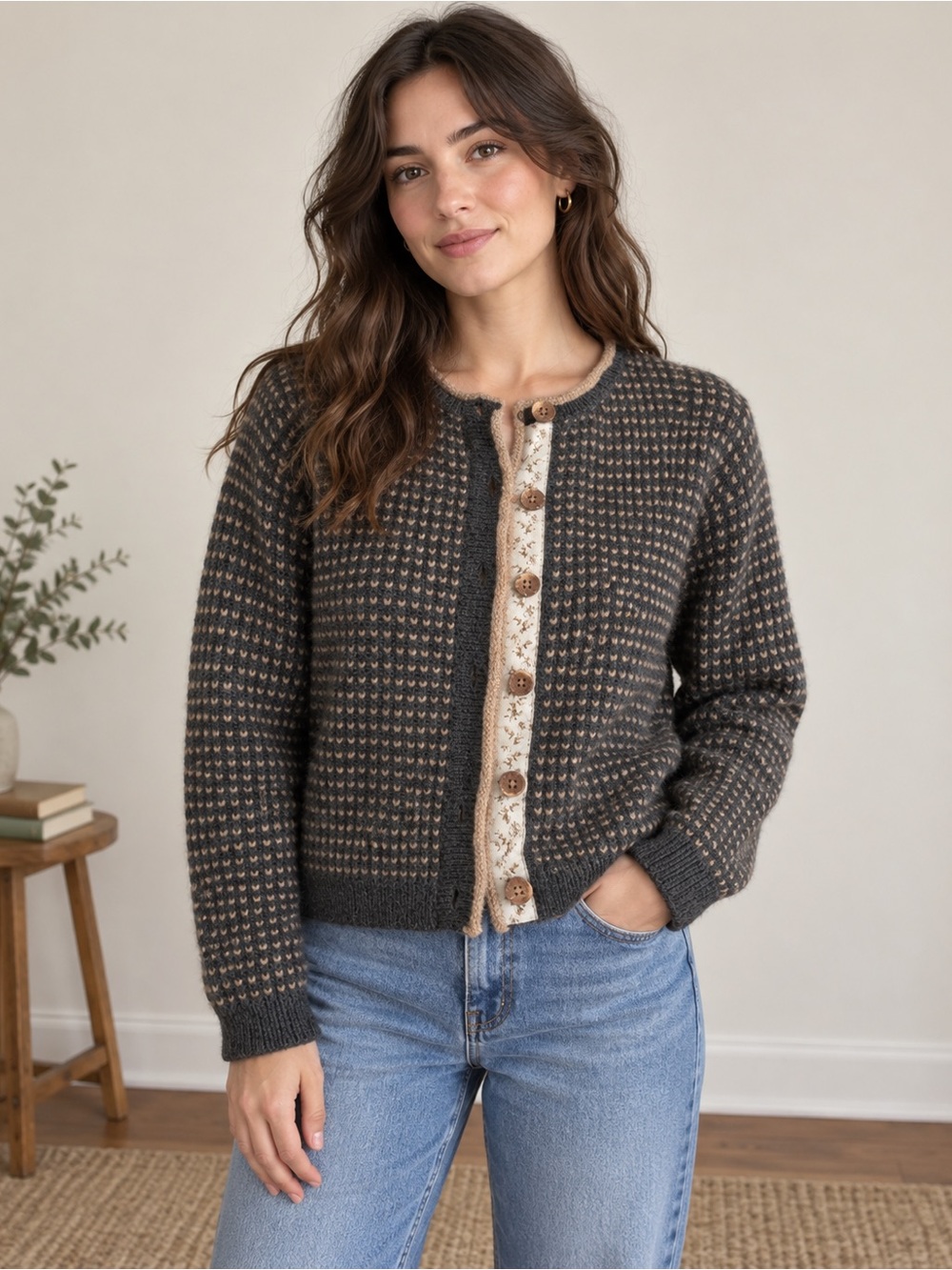 Woolrich Charcoal Knit Cardigan with Tan Trim and Button Placket